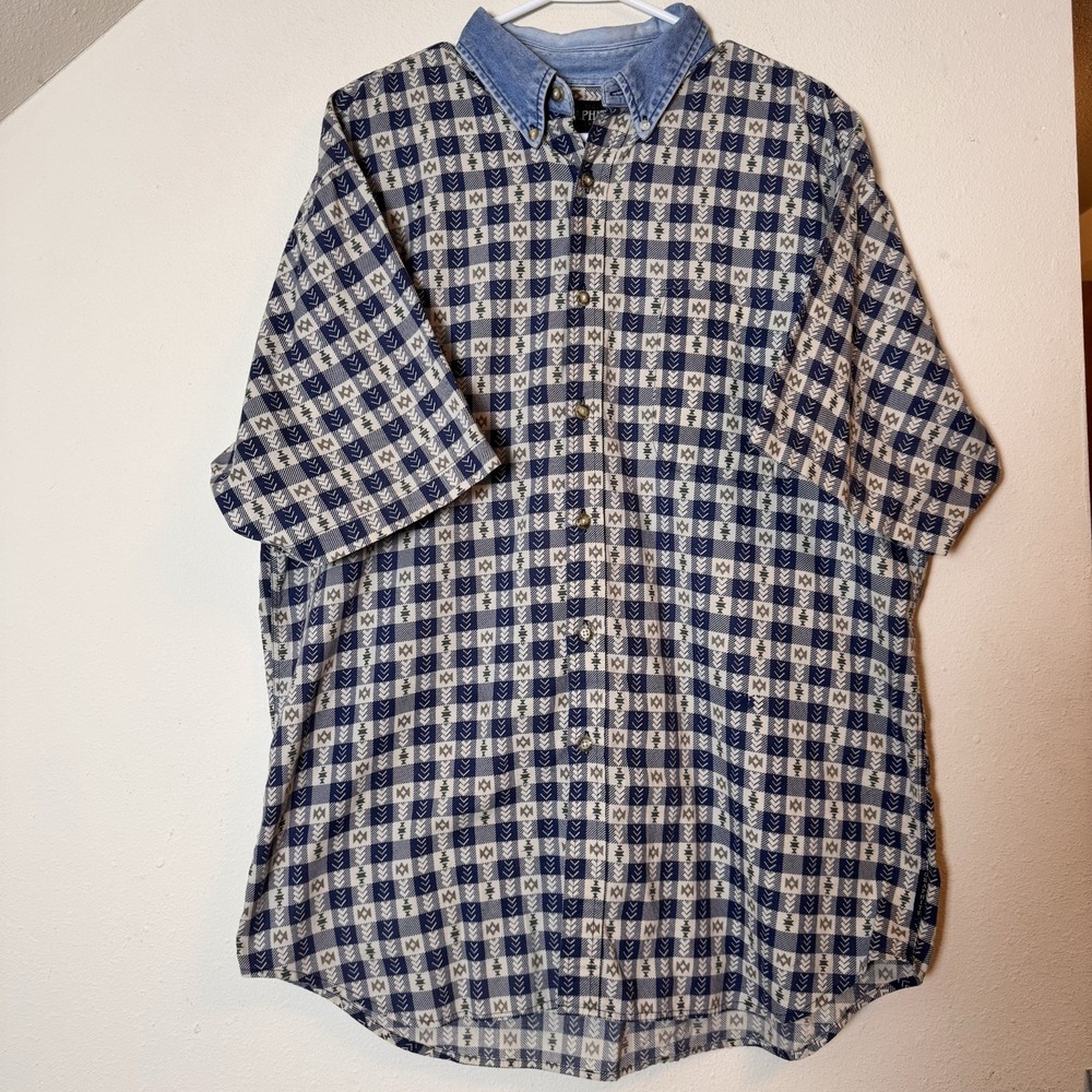 Graphite Jeanswear Shirt L Blue Aztec Plaid Short Sleeve Button Up Vintage